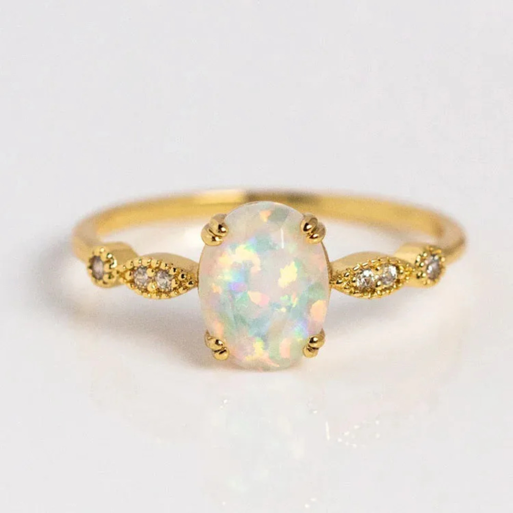 Sizes 6, 7, 8,or 9 Genuine White Opal Ring w/Zircon Inlay - 14k Gold Over S925